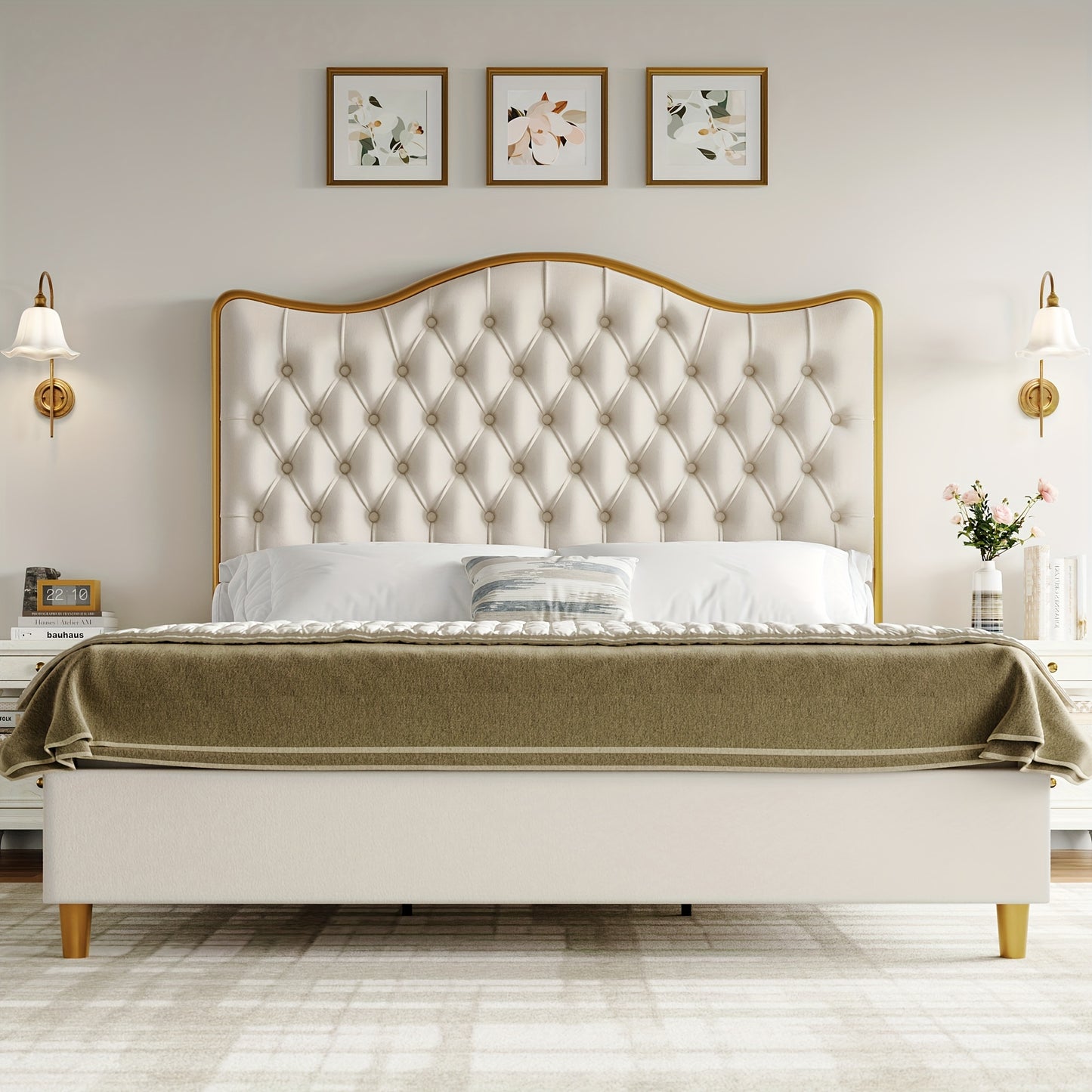 FULTRU Queen/King Size Bed Frame, 55" Tall Platform Bed with Curved Headboard, Velvet/Leather Upholstered Bed with Deep Tufted Button, Handmade Pleats, Gold/Black Metal Frame, Wooden Slats Support, No Box Spring Needed