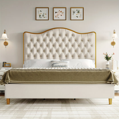 FULTRU Queen/King Size Bed Frame, 55" Tall Platform Bed with Curved Headboard, Velvet/Leather Upholstered Bed with Deep Tufted Button, Handmade Pleats, Gold/Black Metal Frame, Wooden Slats Support, No Box Spring Needed