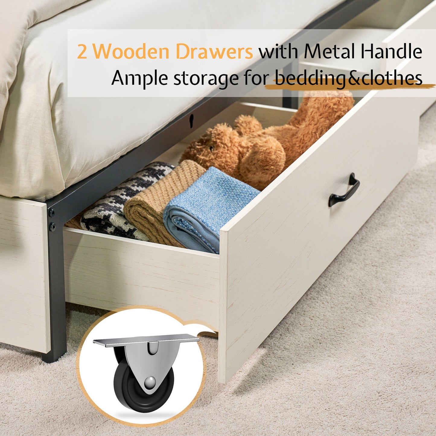 Farmhouse-Style Wooden Platform Bed Frame Boasting a 51.2" Bookcase Headboard, Integrated Storage with a Sliding Barn Door Charging Station and 2 Drawers - No Box Spring Required, Totally Noise-Free