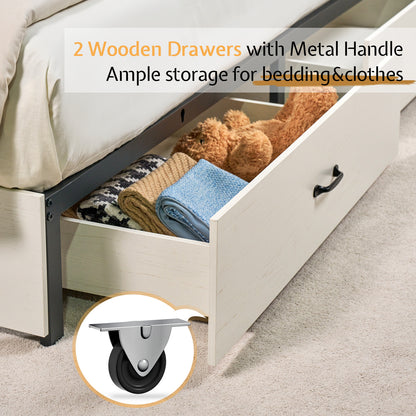 Farmhouse-Style Wooden Platform Bed Frame Boasting a 51.2" Bookcase Headboard, Integrated Storage with a Sliding Barn Door Charging Station and 2 Drawers - No Box Spring Required, Totally Noise-Free