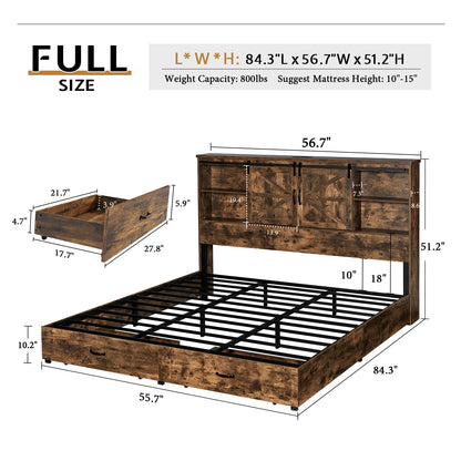 Farmhouse-Style Wooden Platform Bed Frame Boasting a 51.2" Bookcase Headboard, Integrated Storage with a Sliding Barn Door Charging Station and 2 Drawers - No Box Spring Required, Totally Noise-Free