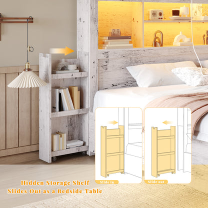 PAPABABE Bed Frame Featuring a 49.6-Inch Bookcase Headboard, Four Drawers, And Two Removable Storage Racks - a Farmhouse-Style Wooden Bed Frame Equipped with RGB LED Lights And a Charging Station, No Box Spring Required.