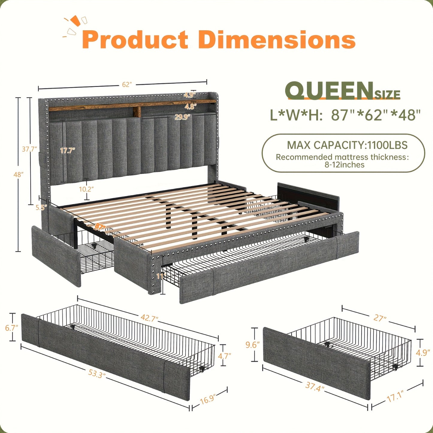 ENHOMEE King Size Upholstered Storage Bed with 3 Drawers & 2-Tier Nightstand Shelves - Modern Platform Bed Frame, Quick Assembly, Metal Frame, Contemporary Style