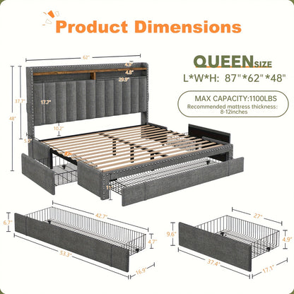 ENHOMEE King Size Upholstered Storage Bed with 3 Drawers & 2-Tier Nightstand Shelves - Modern Platform Bed Frame, Quick Assembly, Metal Frame, Contemporary Style