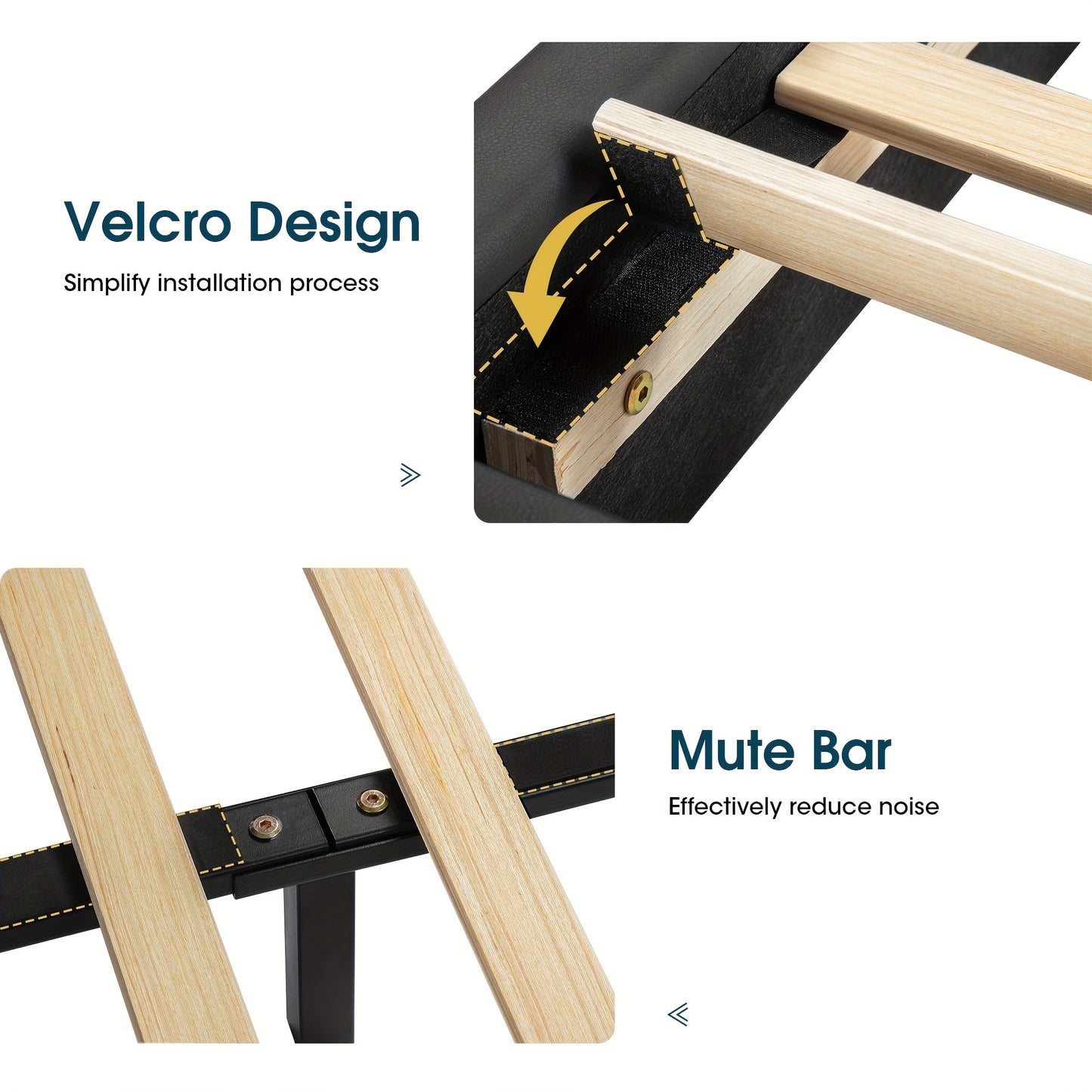 WEEWAY Bed Frame With Modern Iron Pieces Decor, Faux Leather Platform Bed With Curved Adjustable Headboard, Wood Slat Support, No Box Spring Required