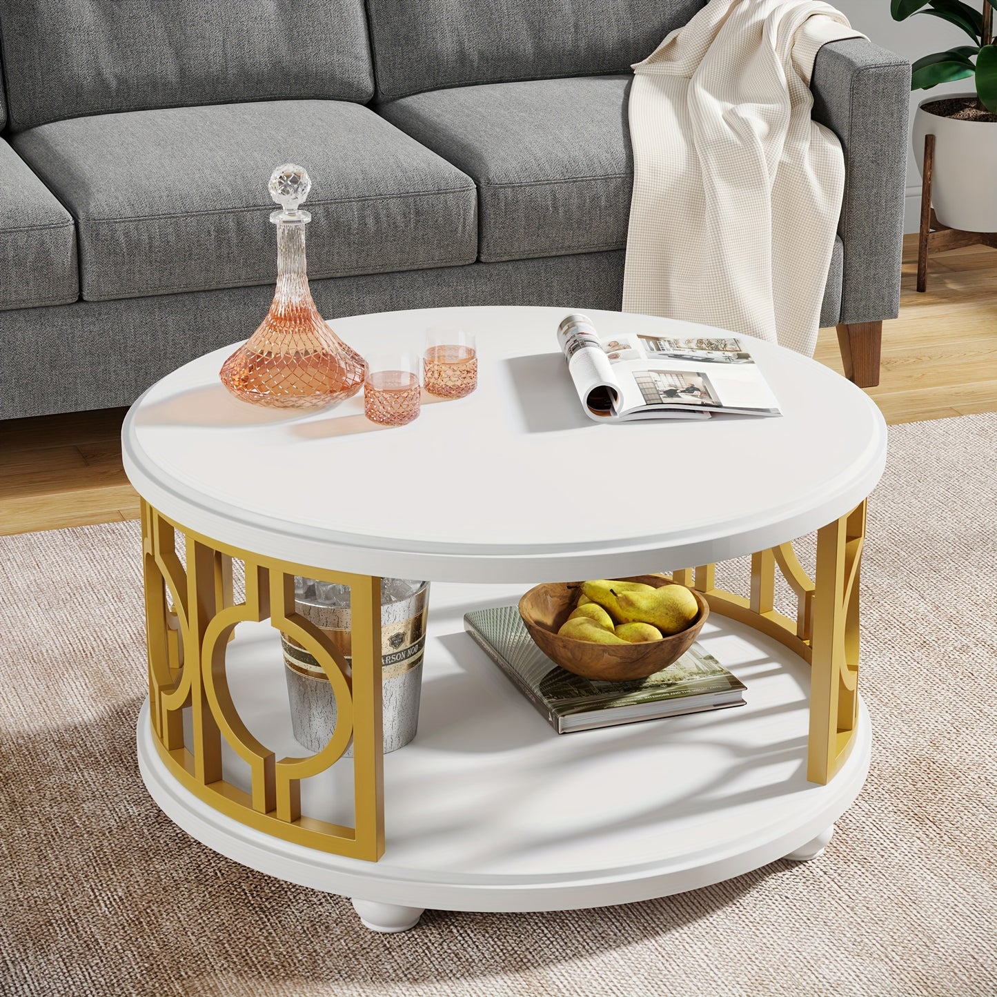 Round Coffee Table, 2-Tier Circle Coffee Table With Storage Shelf, Modern Center Table For Living Room & Office, White And Gold