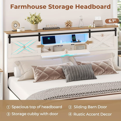 Farmhouse Metal Bed Frame with LED Lights & Charging Station, Queen Size Platform Bed with Storage Shelves & 2 Drawers, Walnut White