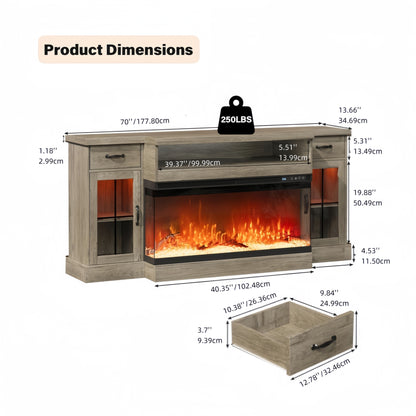 Fireplace TV Stand With 40" Electric Fireplace For 80" TV, 70" Fireplace Entertainment Center With Adjustable Storage Cabinets, 2 Drawers, LED Lights, TV Consoles For Living Room, White Brown Gray Rustic Oak
