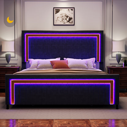 LUXOAK Queen Size LED Platform Bed Frame with Upholstered Design, Includes 4 Storage Drawers, Adjustable Headboard with Vertical Channels, No Box Spring Needed