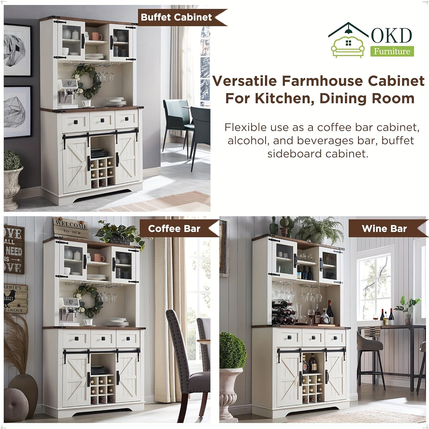 72" Farmhosue Bar Cabinet With Sliding Barn Door, Large Kitchen Buffet With Hutch W/Wine & Glasses Rack, 3 Drawers, 12 Storage Shelves, Rustic Coffee Bar Sideboard Table