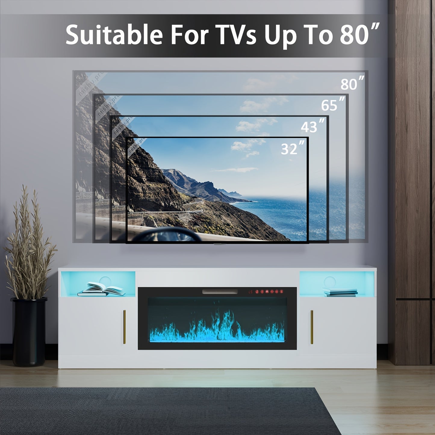 Modern LED Fireplace TV Stand, 36" Electric Fireplace Entertainment Center with Storage Shelves, Metal and Wood Construction, Assembly Required, Fits Up to 80" TVs - White