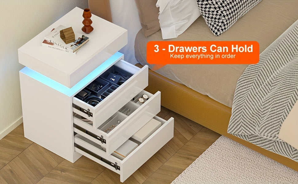 Nightstand with LED Lights, 3 Drawers and 1 Flapping Top Storage Box, White Night Stand for Bedroom, Modern Tall Bedside Table with High Gloss Panel, Glacier White, Darknight Black