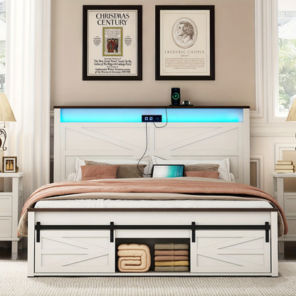 Farmhouse Queen Bed Frame - LED Lights & Charging Station