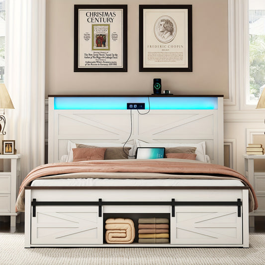 Farmhouse Queen Bed Frame - LED Lights & Charging Station