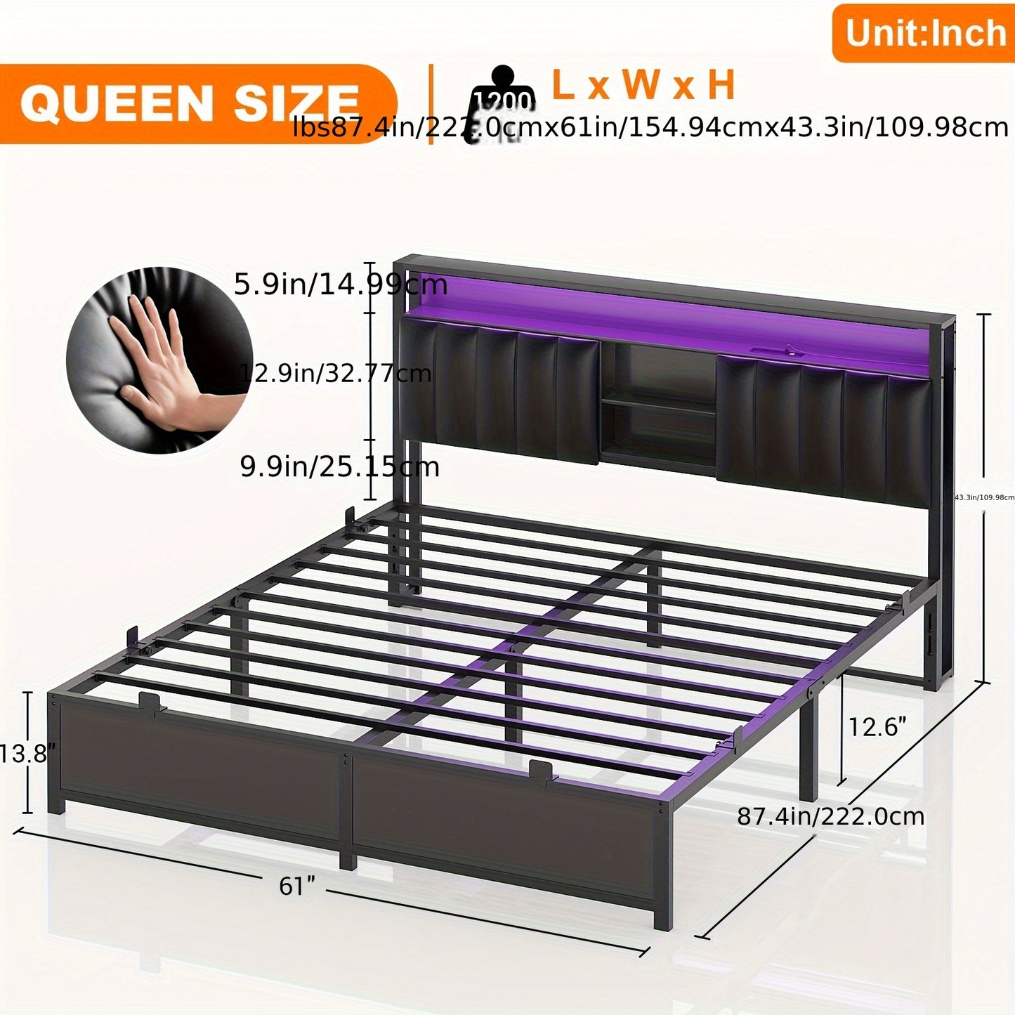 Aheaplus Queen Size Bed Frame with Charging Station & Led Lights, Platform Bed with Leather Upholstered Headboard and Storage, Metal Slats Support No Box Spring Needed, Noise-Free, Black