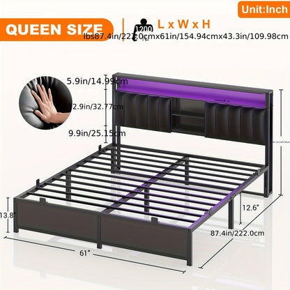 Aheaplus Queen Size Bed Frame with Charging Station & Led Lights, Platform Bed with Leather Upholstered Headboard and Storage, Metal Slats Support No Box Spring Needed, Noise-Free, Black