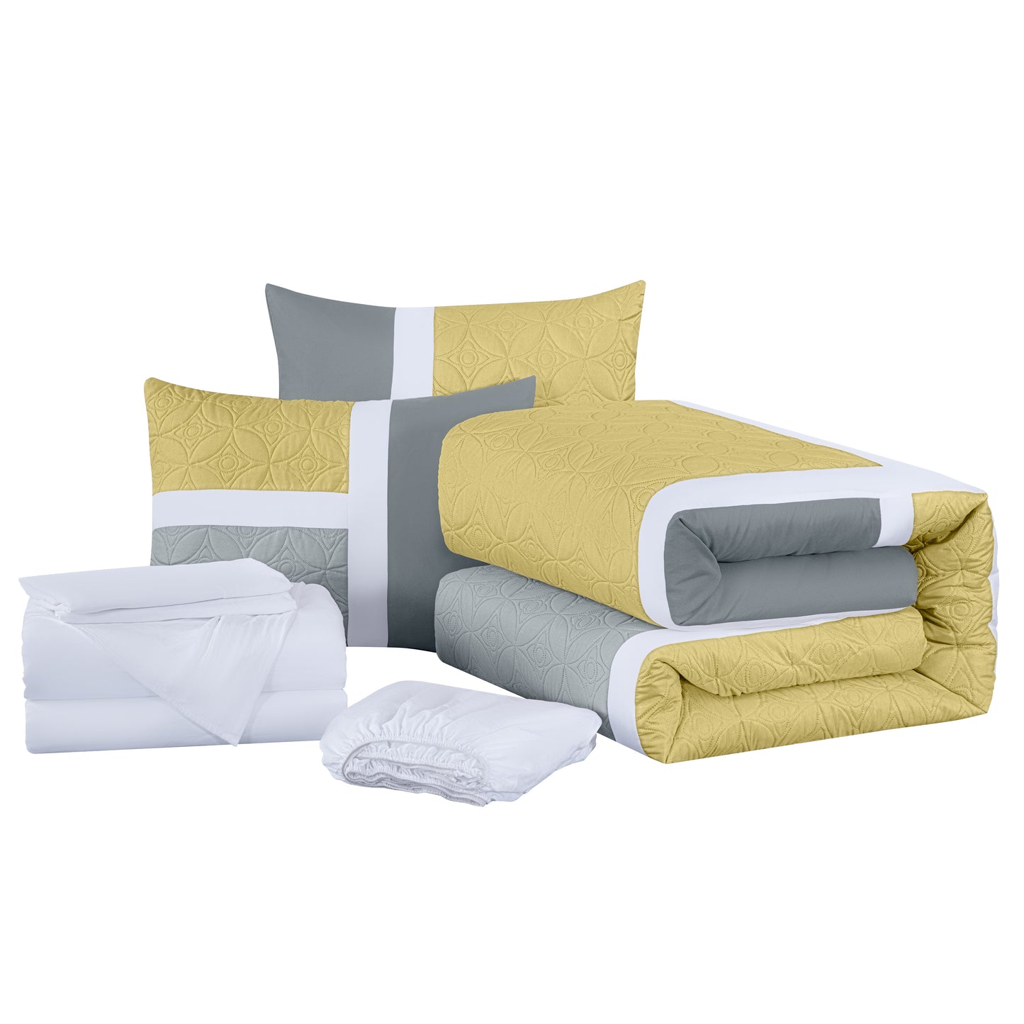 Bernard 7-Piece Patchwork Quilted Medallion Bed in a Bag Comforter Set with Sheets, California King/King/Queen/Full Size