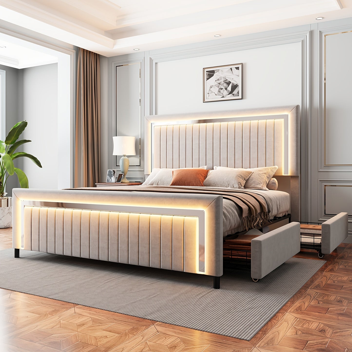 LUXOAK Queen Size LED Platform Bed Frame with Upholstered Design, Includes 4 Storage Drawers, Adjustable Headboard with Vertical Channels, No Box Spring Needed