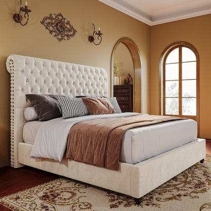 Papajet Fabric-Covered Sleigh Style Bed Frame with Diamond-Studded Headboard