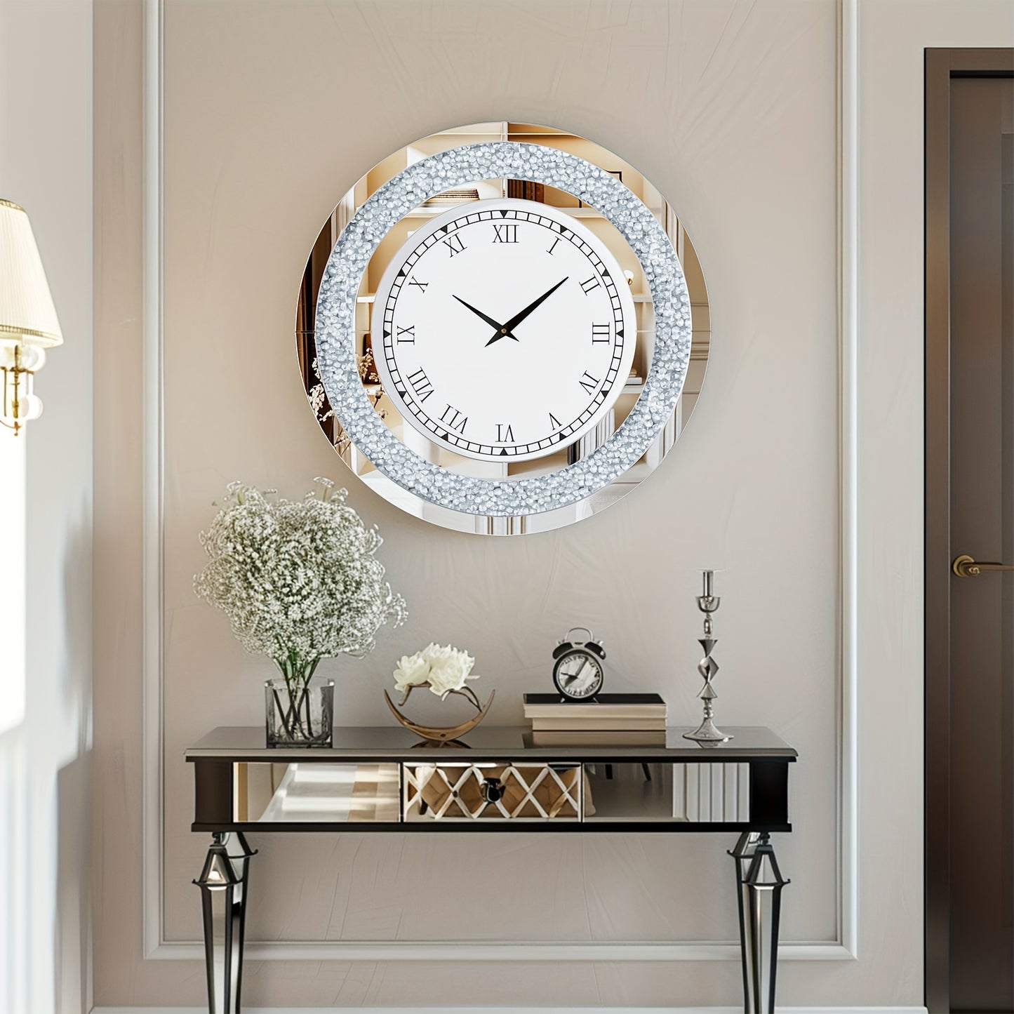 Decorative Wall Clock Round Mirror Clock with Crystal Crushed Diamond Mirrored Sparkle Bling Wall Clock for Glam Room Living Room, Bedroom Decor