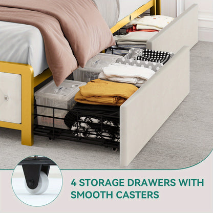 Queen Bed Frame with LED Lights, Platform Upholstered Bed with 4 Storage Drawers and Charging Station, Crystal Button- Tufted Headboard Footboard, No Box Spring Needed- White