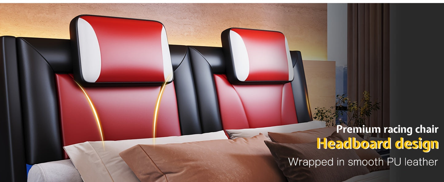 Modern Elegance Meets Functionality: PaPaJet Full Floating Bed Frame With Built-in LED Lights, Faux Leather Upholstery, & Wave-Shaped Curves, No Box Spring Required