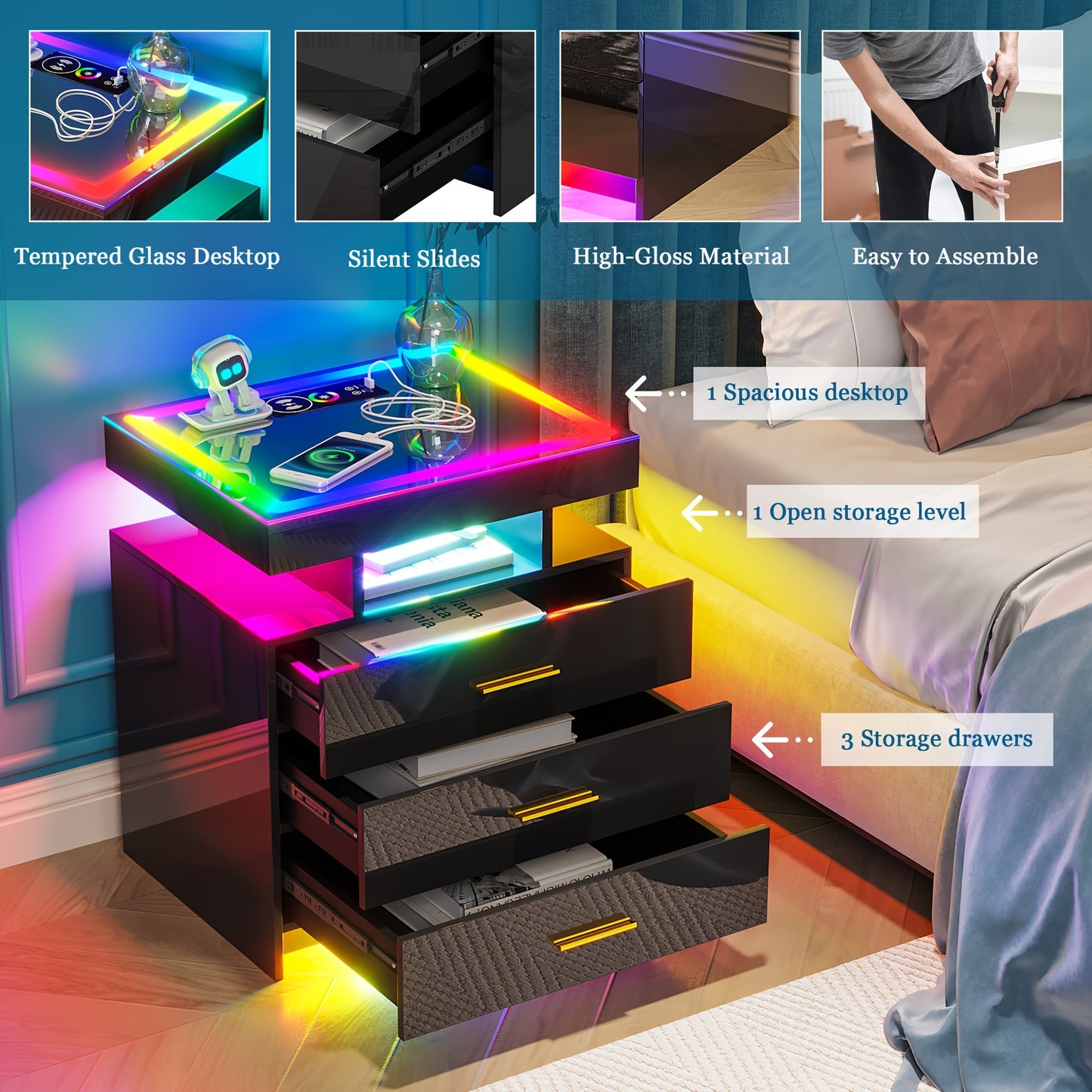 Lvifur High Gloss Nightstand With Wireless Charging Station, Smart Night Stand With RGB Dynamic Lighting, Modern Bed Side Table With Drawers Sliding Tray, Glass Tabletop