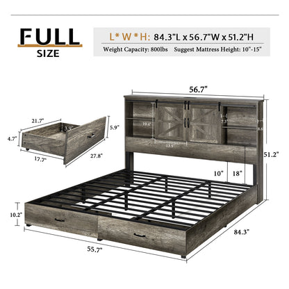 Farmhouse-Style Wooden Platform Bed Frame Boasting a 51.2" Bookcase Headboard, Integrated Storage with a Sliding Barn Door Charging Station and 2 Drawers - No Box Spring Required, Totally Noise-Free