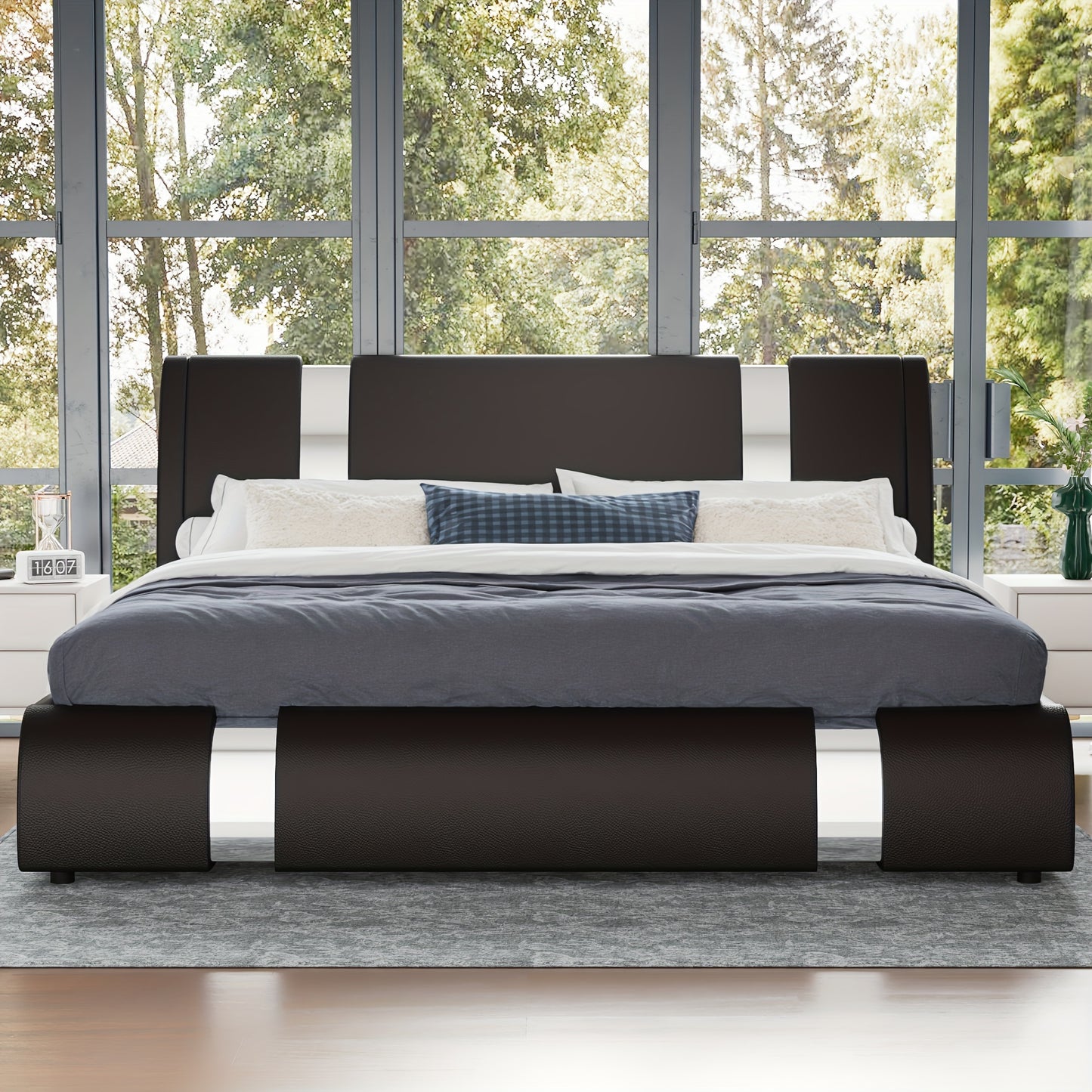 WEEWAY Bed Frame With Modern Iron Pieces Decor, Faux Leather Platform Bed With Curved Adjustable Headboard, Wood Slat Support, No Box Spring Required