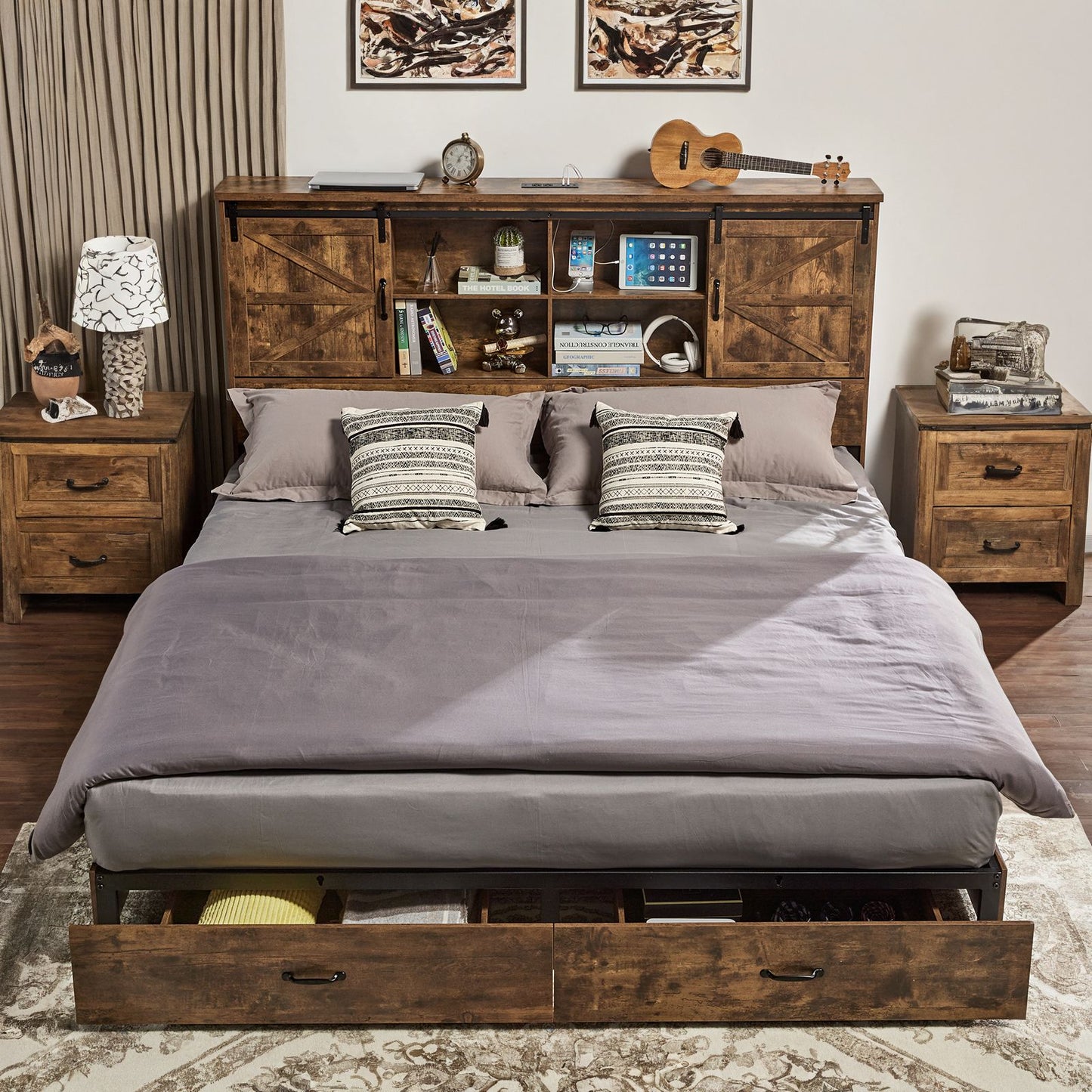 Farmhouse-Style Wooden Platform Bed Frame Boasting a 51.2" Bookcase Headboard, Integrated Storage with a Sliding Barn Door Charging Station and 2 Drawers - No Box Spring Required, Totally Noise-Free