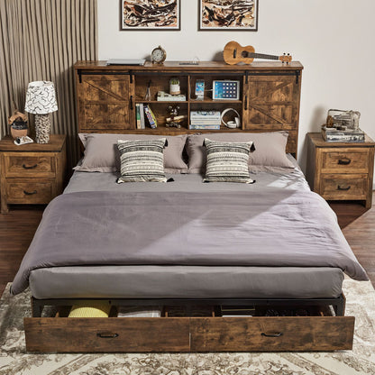 Farmhouse-Style Wooden Platform Bed Frame Boasting a 51.2" Bookcase Headboard, Integrated Storage with a Sliding Barn Door Charging Station and 2 Drawers - No Box Spring Required, Totally Noise-Free