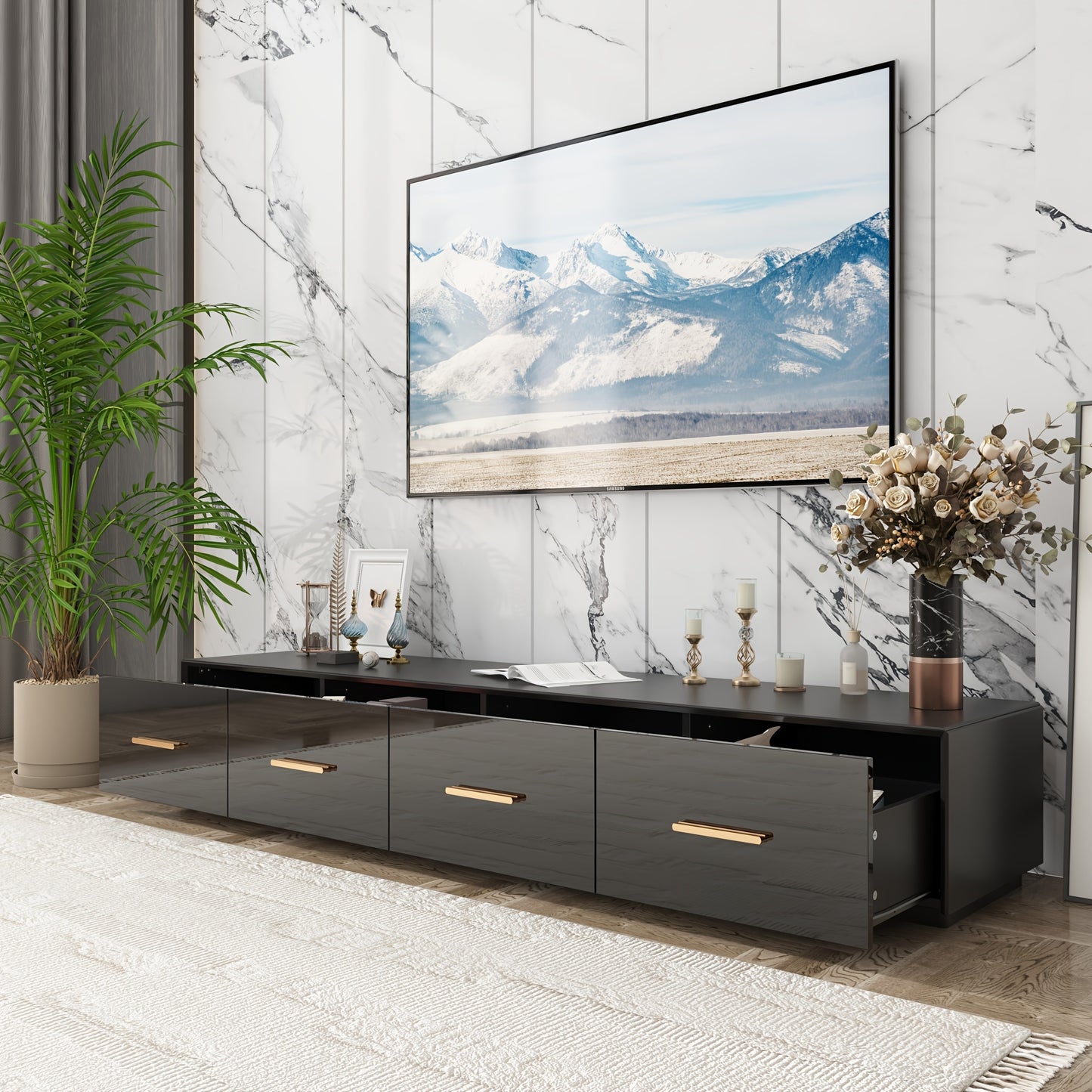 Modern High Gloss TV Stand, Floor Standing TV Cabinet, Gaming And Entertainment Center Console Table, with 4 Drawers And LED Lights, Stylish Design, Black