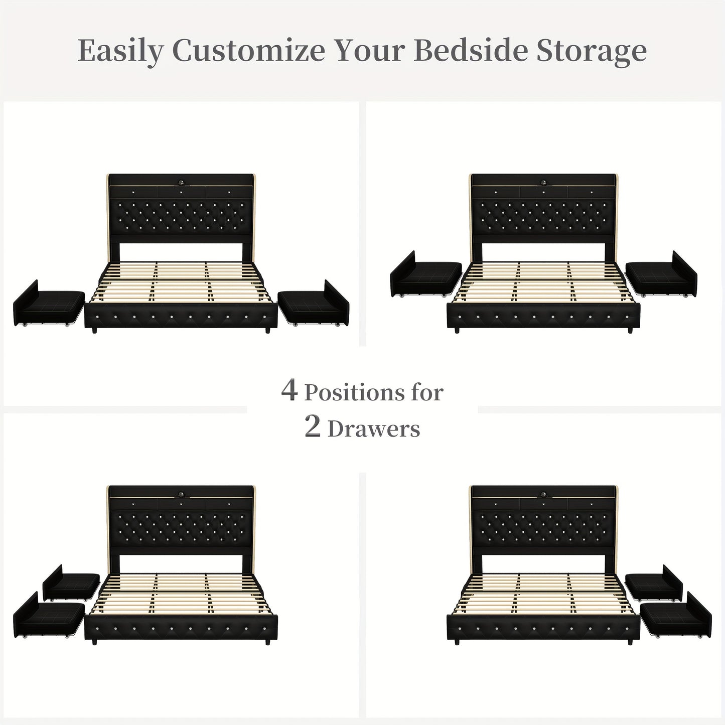 Queen Led Bed Frame With Galaxy Aurora Star Projector, Full Size Platform Bed With 2 Removable Storage Drawers, 52" Crystal Button Tufted Upholstered Headboard King Bed With Charging Station, Noise Free, No Box Spring Needed,