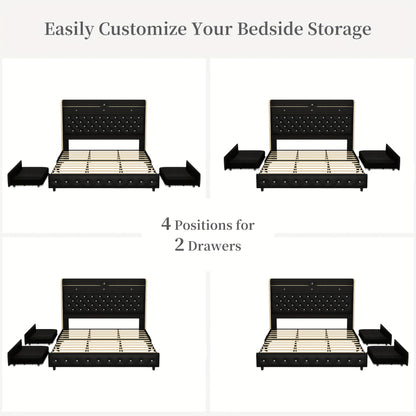 Queen Led Bed Frame With Galaxy Aurora Star Projector, Full Size Platform Bed With 2 Removable Storage Drawers, 52" Crystal Button Tufted Upholstered Headboard King Bed With Charging Station, Noise Free, No Box Spring Needed,