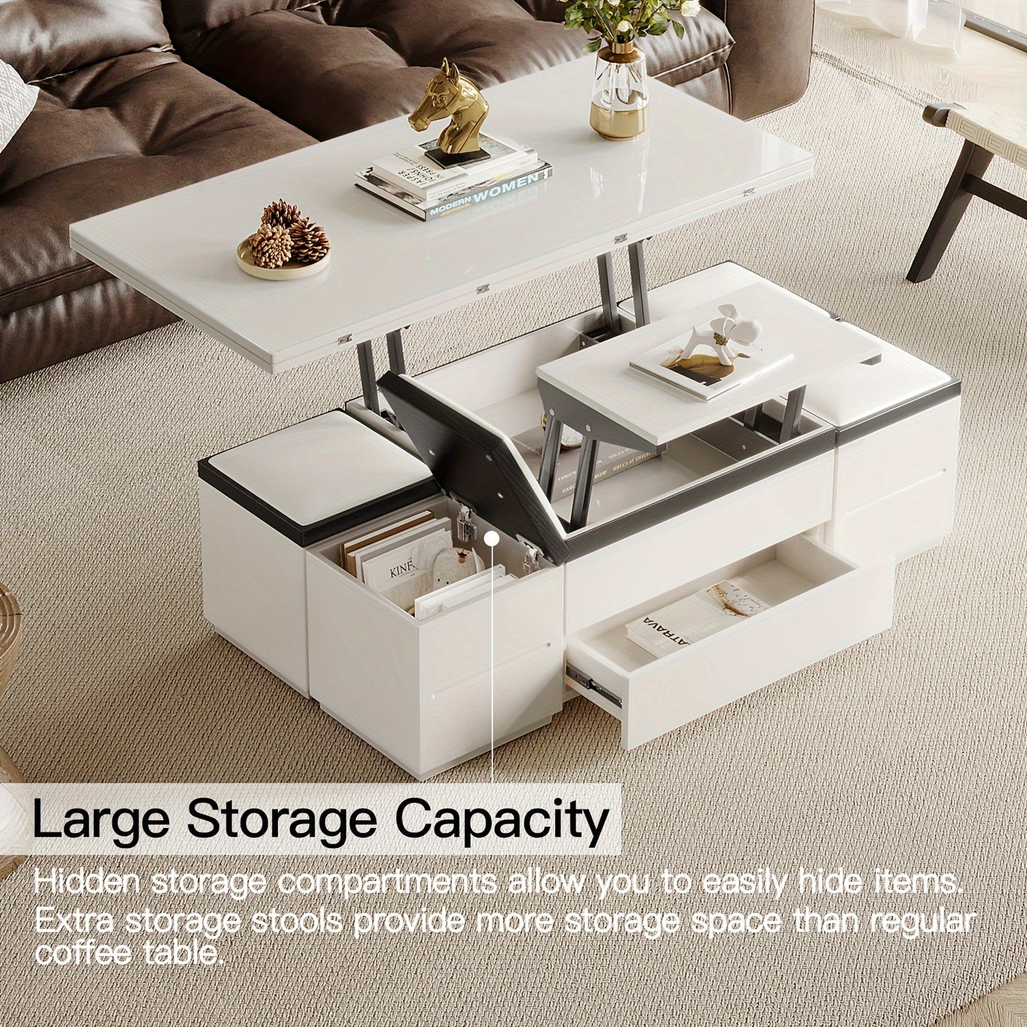 Extendable Coffee Table - 4 Storage Stools & Lift Top