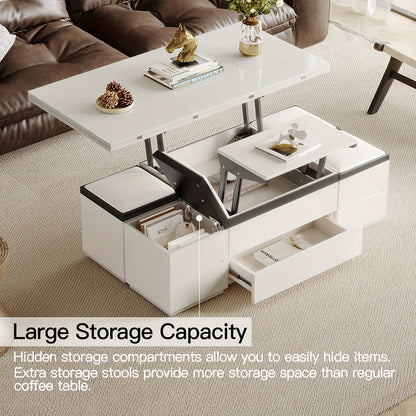 Extendable Coffee Table - 4 Storage Stools & Lift Top