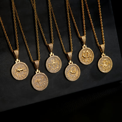 12 Zodiac Coins Necklace - 14K Gold Plated Golden Plated Hip-Hop Astrology Pendant with Synthetic Synthetic Zirconia Stones, 24in 304 Stainless Steel Chain, Unisex Jewelry Gift for Women & Men (Birthdays, Mother’s Day, Fath