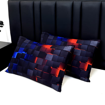 3pcs Cool Technology Digital Printing Material Plaid Fitted Sheet(1pc Bed Sheet+2pcs Pillowcase No Filling)Deep Pocket In 15 Inch At Home Dormitory Suitable for All Seasons Mattress Protector