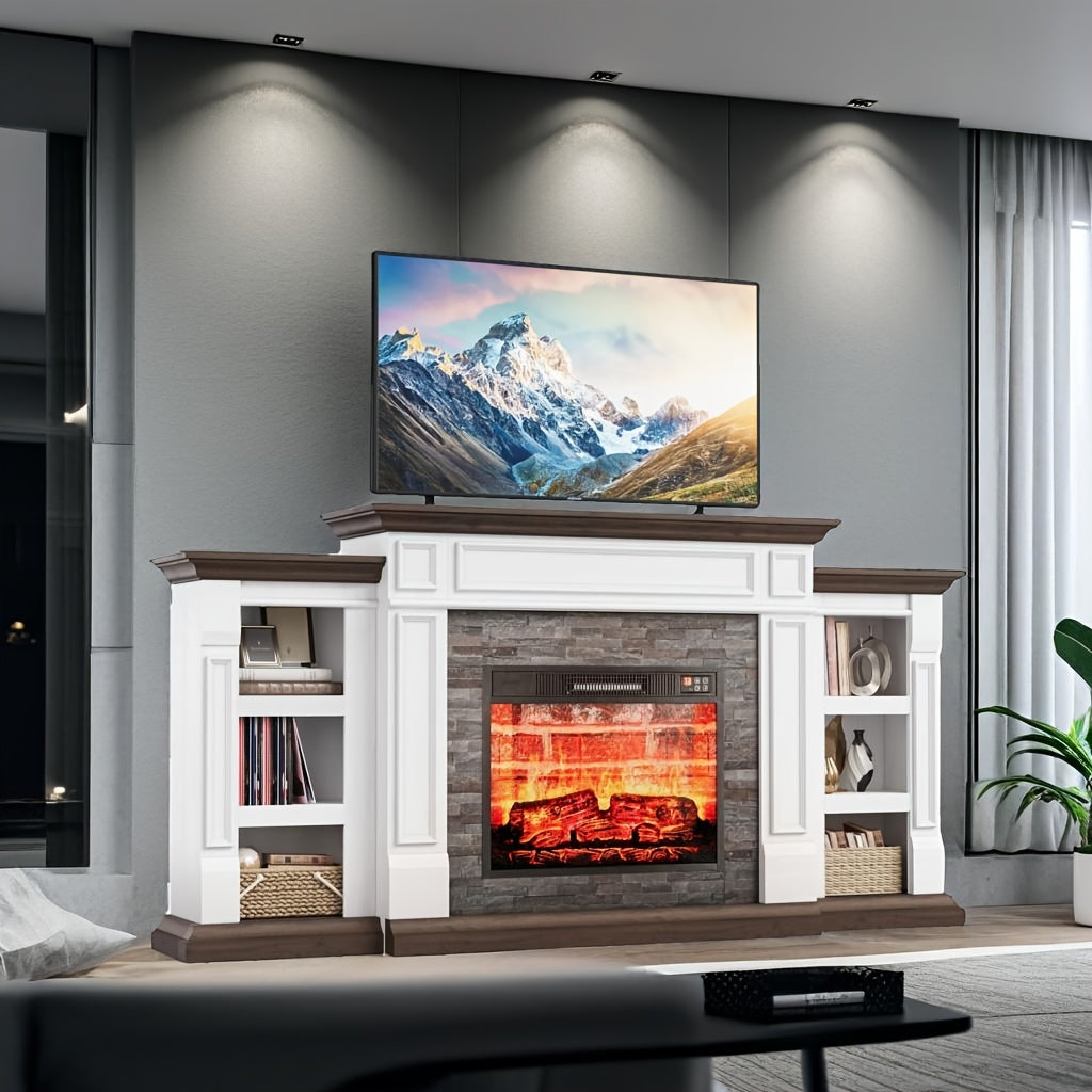 72" Electric Fireplace With Mantel, Fireplace TV Stand For 80" TV, Modern Entertainment Center With Storage, Wood Surround Free Standing Fireplace Heater With Remote Control, Logs, Adjustable Led Flame, For Living Room, Bedro