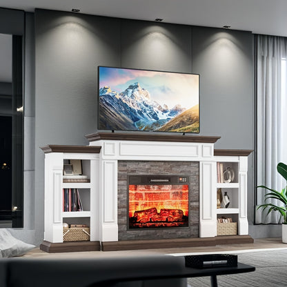 72" Electric Fireplace With Mantel, Fireplace TV Stand For 80" TV, Modern Entertainment Center With Storage, Wood Surround Free Standing Fireplace Heater With Remote Control, Logs, Adjustable Led Flame, For Living Room, Bedro