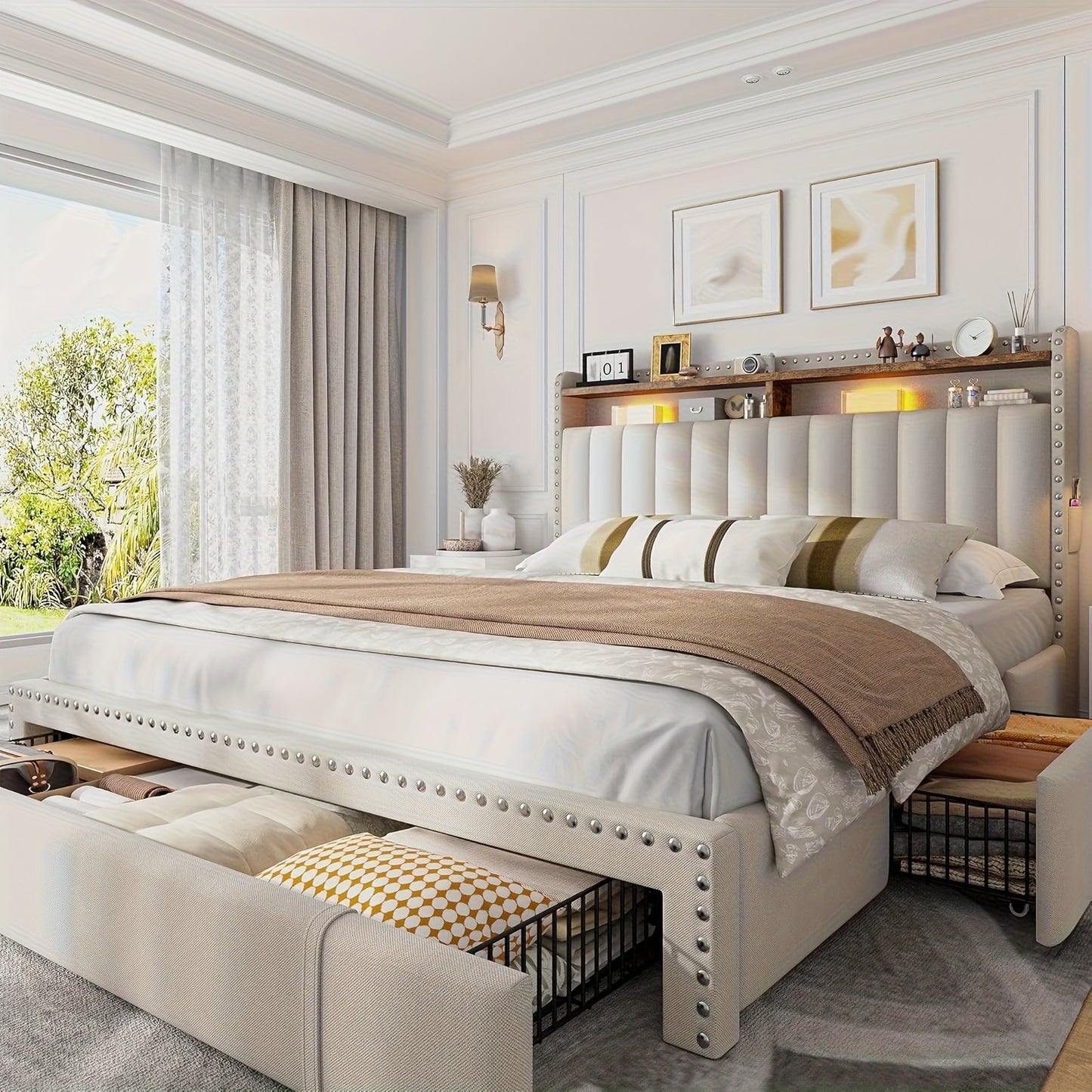 ENHOMEE King Size Upholstered Storage Bed with 3 Drawers & 2-Tier Nightstand Shelves - Modern Platform Bed Frame, Quick Assembly, Metal Frame, Contemporary Style