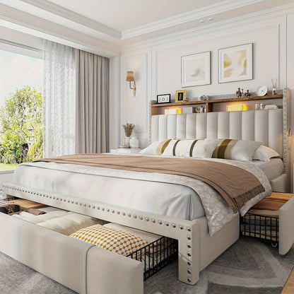 ENHOMEE King Size Upholstered Storage Bed with 3 Drawers & 2-Tier Nightstand Shelves - Modern Platform Bed Frame, Quick Assembly, Metal Frame, Contemporary Style