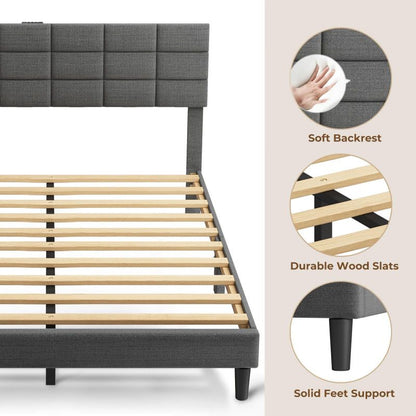 Twin/Full/Queen/King Size Platform Bed Frame with Fabric Upholstered Headboard and Wooden Slats Support, Leather Upholstered Headboard, and Built-in Charging Station, Upholstered Mattress Foundation/No Box Spring Needed/Easy