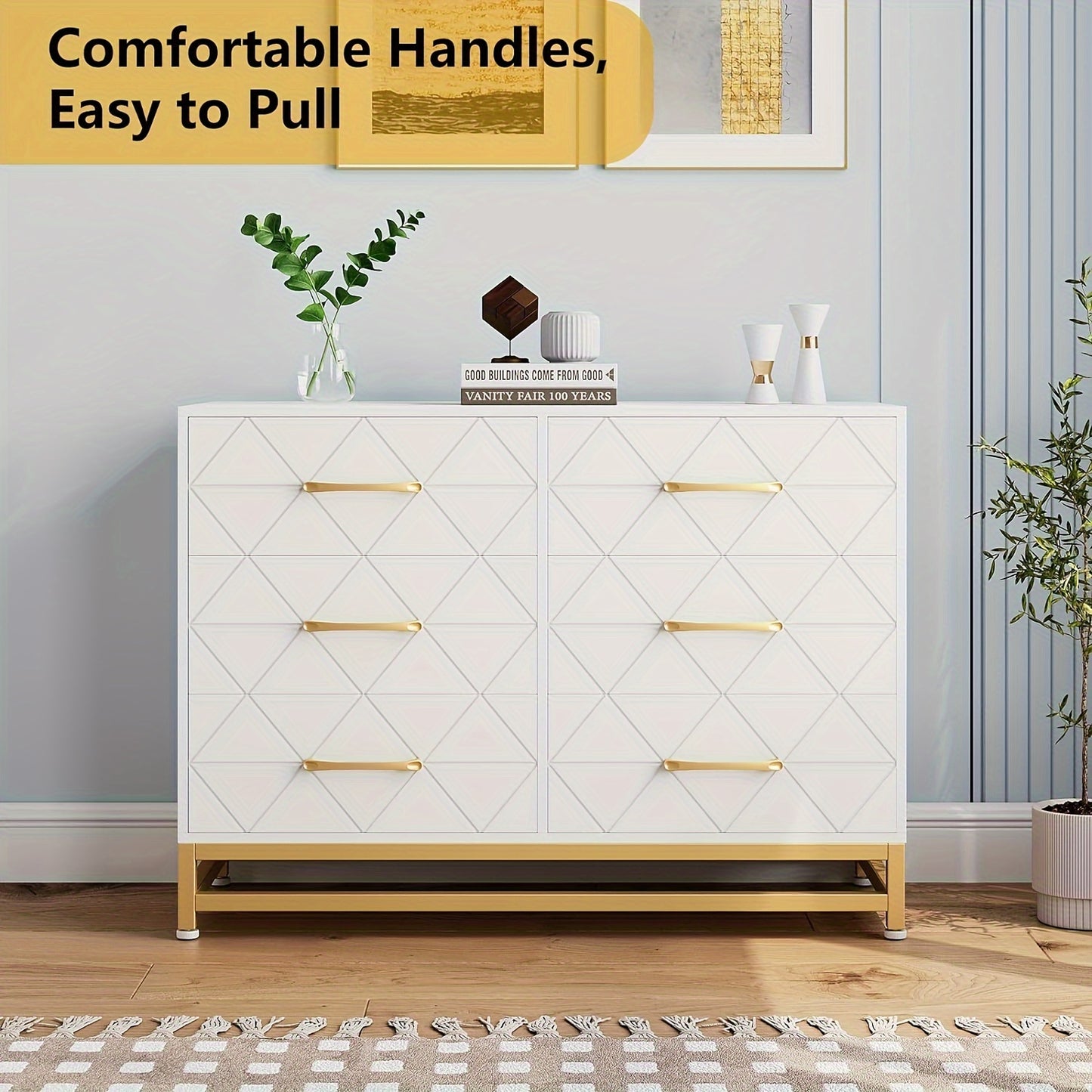 6-Drawer Dresser TV Stand - Wood Chest with Metal Handles