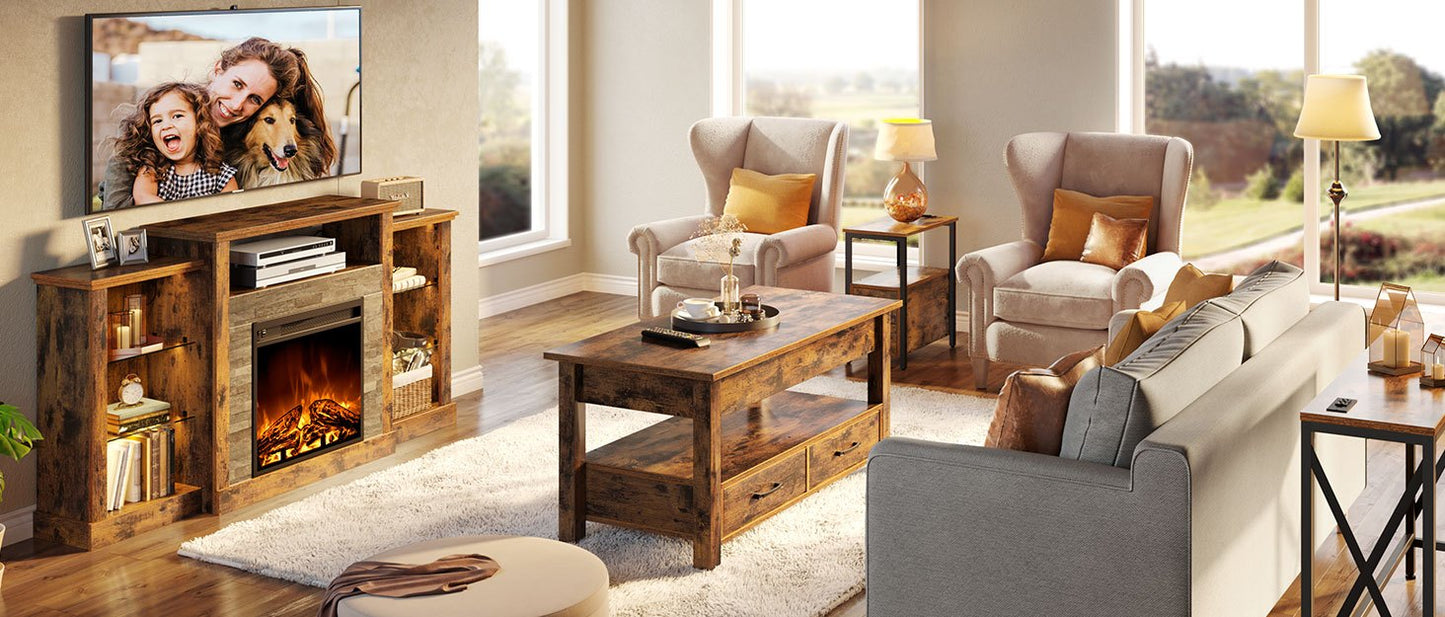 Fireplace TV Stand with Led Lights and Power Outlets, TV Stand for 45 50 55 60 65 inch TVs, Entertainment Center with Electric Fireplace, Modern TV Console with Glass Shelves