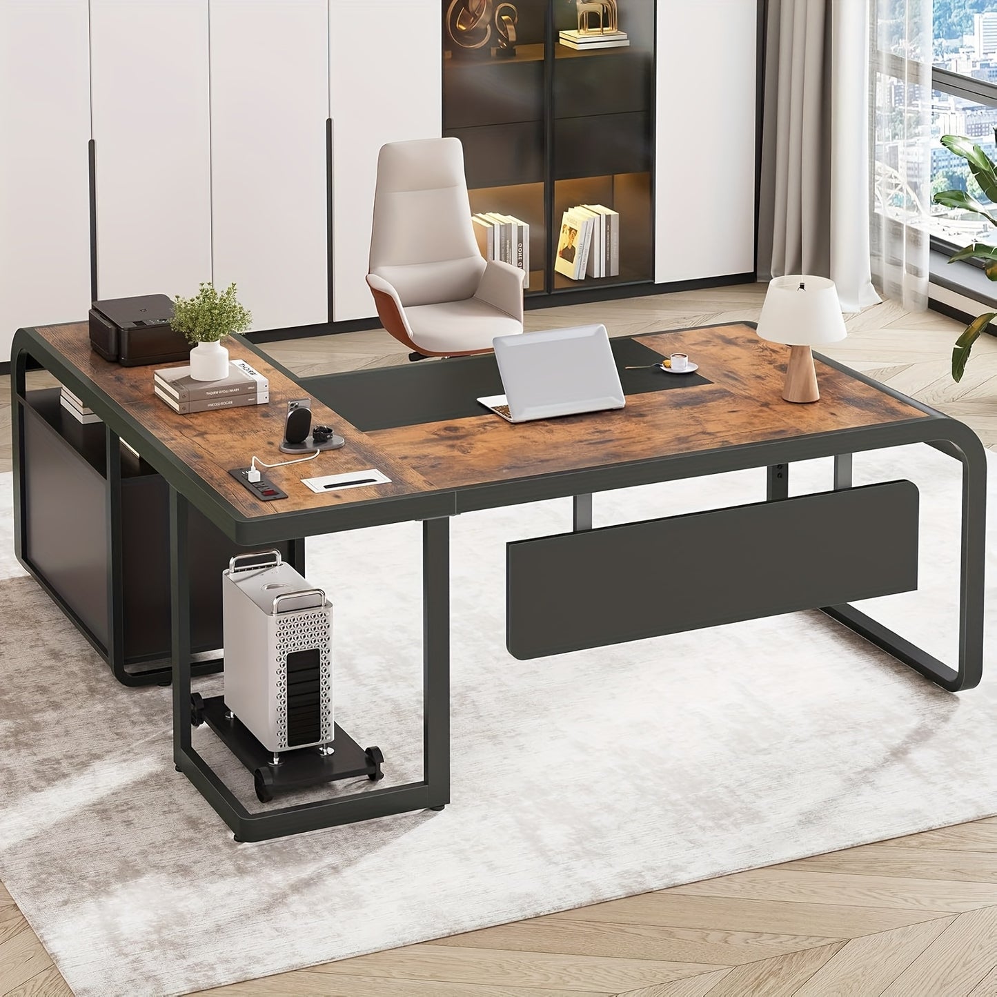Modern 63" L-Shaped Executive Desk with Mobile CPU Stand, File Cabinet & Drawers - Spacious Gray Metal Office Desk for Home, Workspace Storage & Charging Station, Adjustable Height, Minimalist Design, Workspace Furniture | Mo