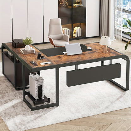 Modern 63" L-Shaped Executive Desk with Mobile CPU Stand, File Cabinet & Drawers - Spacious Gray Metal Office Desk for Home, Workspace Storage & Charging Station, Adjustable Height, Minimalist Design, Workspace Furniture | Mo