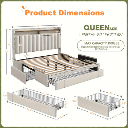ENHOMEE King Size Upholstered Storage Bed with 3 Drawers & 2-Tier Nightstand Shelves - Modern Platform Bed Frame, Quick Assembly, Metal Frame, Contemporary Style