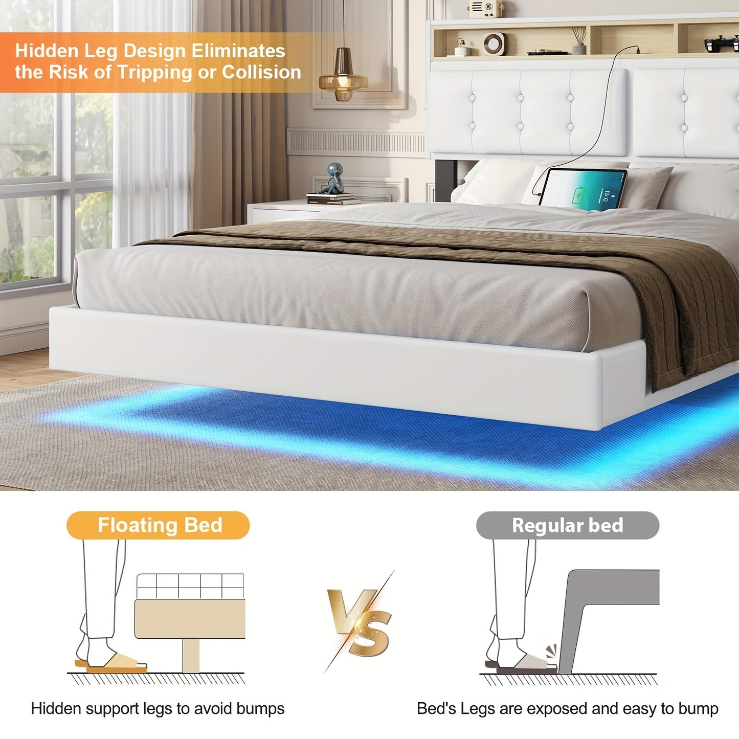 Queen Size Floating Bed Frame With LED Lights And Charging Station, Modern Queen Size Visible Floating Platform Bed Frame With Storage Headboard, White
