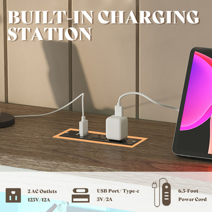 Platform Bed in Farmhouse Style Featuring a Storage Headboard And Footboard, Integrated LED Lighting, And a Charging Station - Does Not Need a Box Spring.